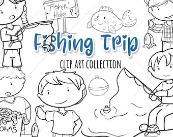Cute Fishing Digital Stamp Set - Cute Kids Fishing Stamps - Summer Time Black and White Clip Art - Going Fishing Clipart