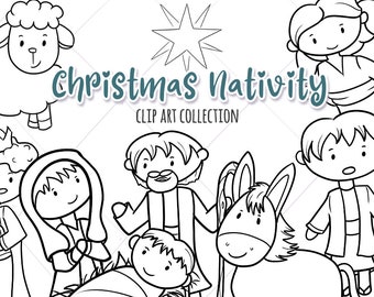 Cute Christmas Nativity Clip Art, Christmas Coloring Pages, Nativity Manger Digital Stamps, Commercial Use Christmas Clip Art, Baby Jesus