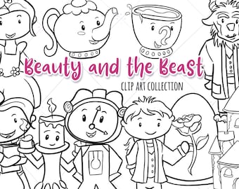 Beauty and the Beast Black and White Clipart, Kawaii Belle and Beast, Cute Fairy Tale Illustrations, Princess Clip Art Digital Stamps
