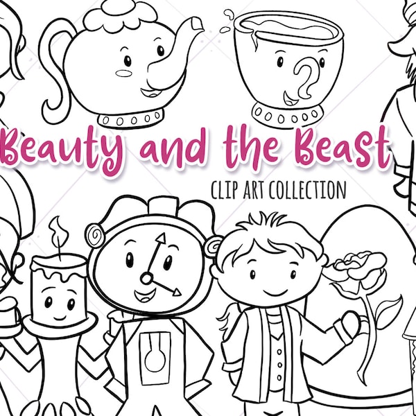 Beauty and the Beast Black and White Clipart, Kawaii Belle and Beast, Cute Fairy Tale Illustrations, Princess Clip Art Digital Stamps