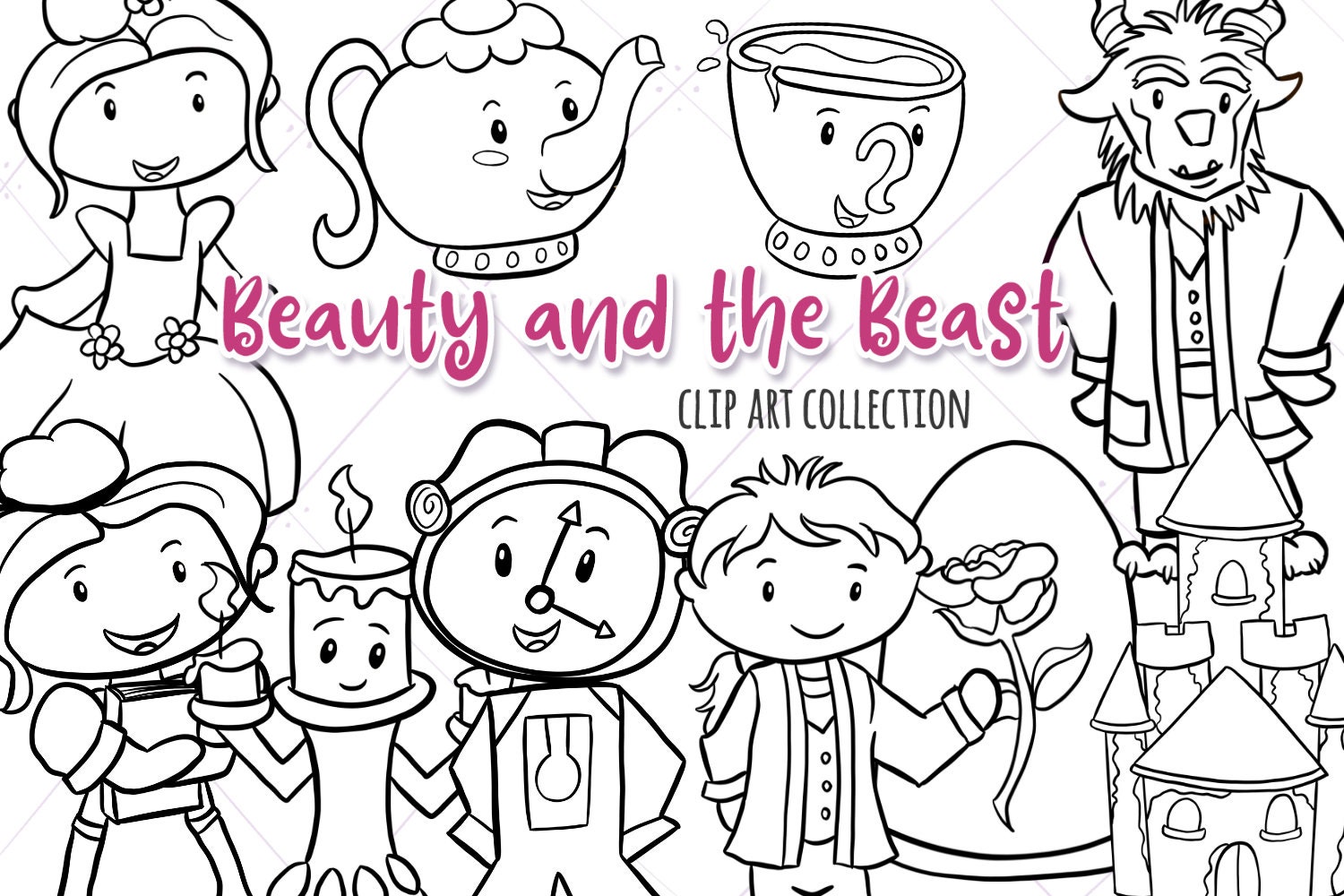 Beauty and the Beast Black and White Clipart, Kawaii Belle and Beast ...