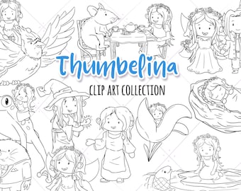 Thumbelina Fairy Tale Black and White Clip Art Graphics, Cute Fairy Tale, Tea Party Party, Fairy Princess, Kawaii Fairy Tale Clipart