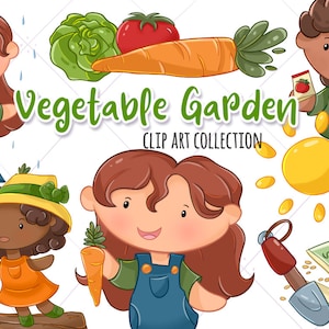 Cute Vegetable Garden Clip Art, Kids in the Garden, Kawaii Food Clipart, Spring Kids Clipart Set, Instant Download, PNG