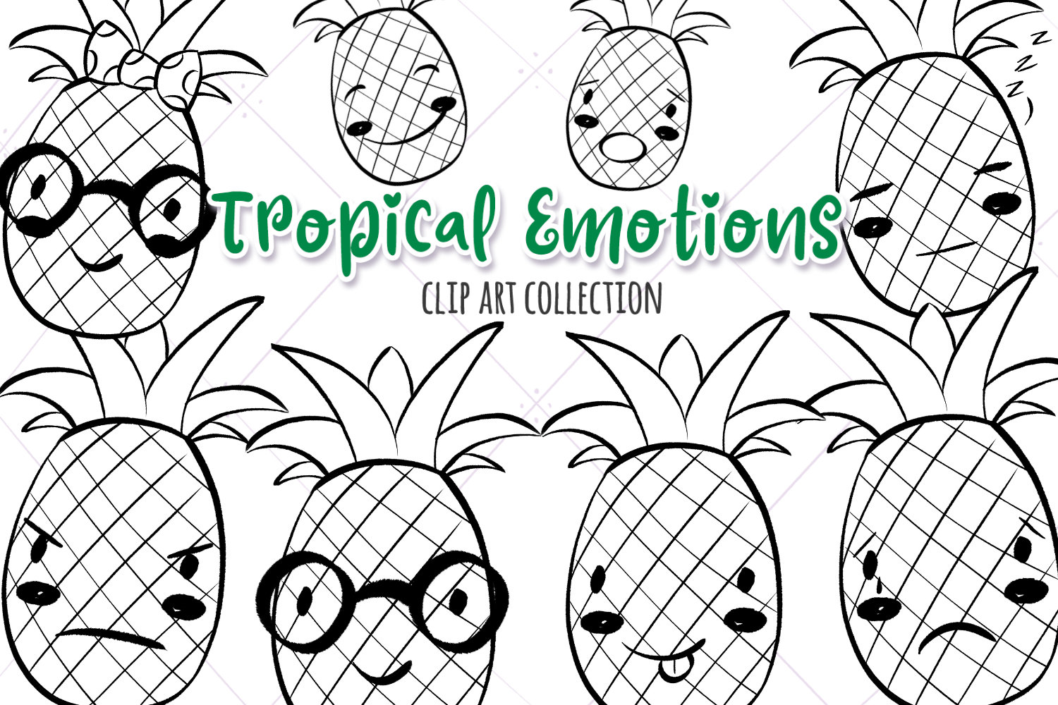 Printable Line Art Pineapples with faces Pineapple Graphics Instant