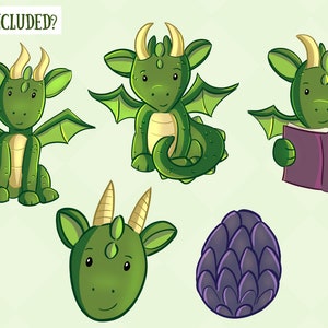 May include: Five illustrations of green dragons with yellow horns and wings. One dragon is reading a book, one is sitting with its tail curled, one is standing with its wings spread, one is just a head, and one is a purple dragon egg.