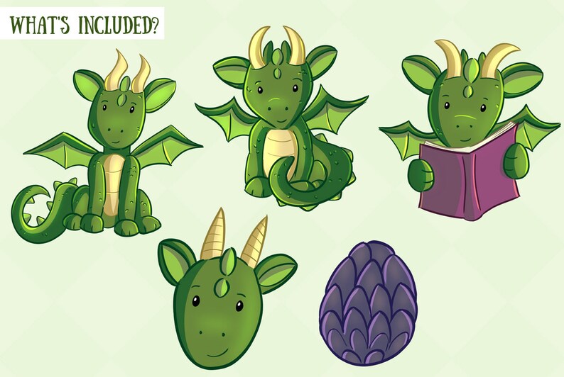 May include: Five illustrations of green dragons with yellow horns and wings. One dragon is reading a book, one is sitting with its tail curled, one is standing with its wings spread, one is just a head, and one is a purple dragon egg.