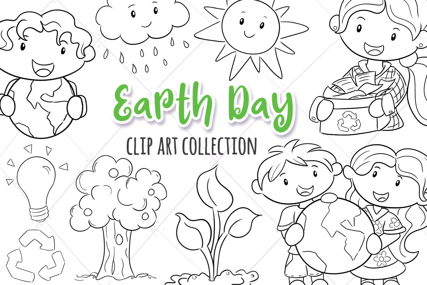 Cute Earth Day Themed Black and White Clip Art Collection