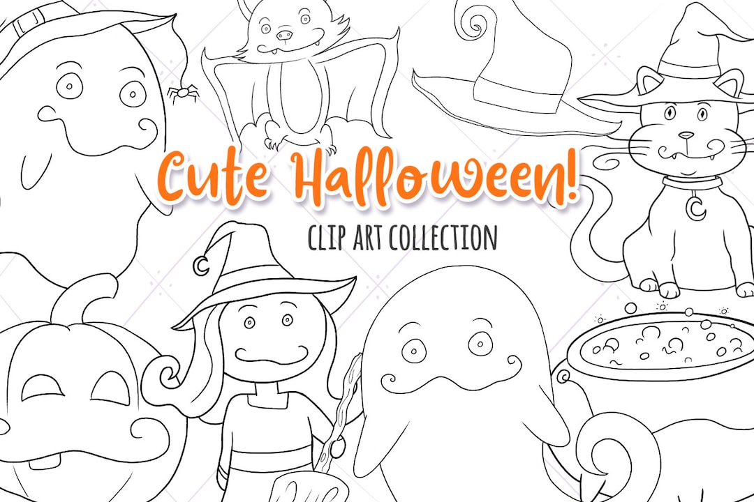 Cute Halloween Black and White Clip Art Collection, Kawaii Halloween ...
