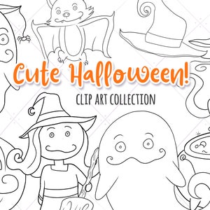 Cute Halloween Black and White Clip Art Collection, Kawaii Halloween Coloring Pages, Cute Halloween, Cute Ghosts, Kawaii Witches, Black Cat