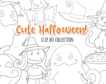 Könnte beinhalten: Schwarz-weiße Clipart-Bilder von Halloween-Charakteren, darunter ein Geist, eine Hexe, eine Fledermaus, ein Kürbis, eine Katze und ein Kessel. Der Text "Cute Halloween! Clip Art Collection" ist im Bild enthalten.