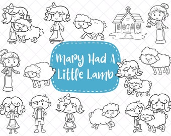 Mary had een klein lammetje illustraties, kinderliedje clipart, klein lammetje school kunst, kinderliedje illustraties