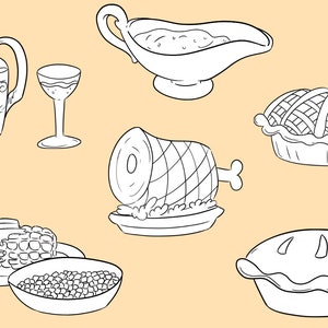 May include: A black and white line drawing illustration of a Thanksgiving dinner spread. The illustration includes a ham, two pies, a pitcher of cider, a glass of cider, a bowl of green beans, a bowl of corn, and a gravy boat.