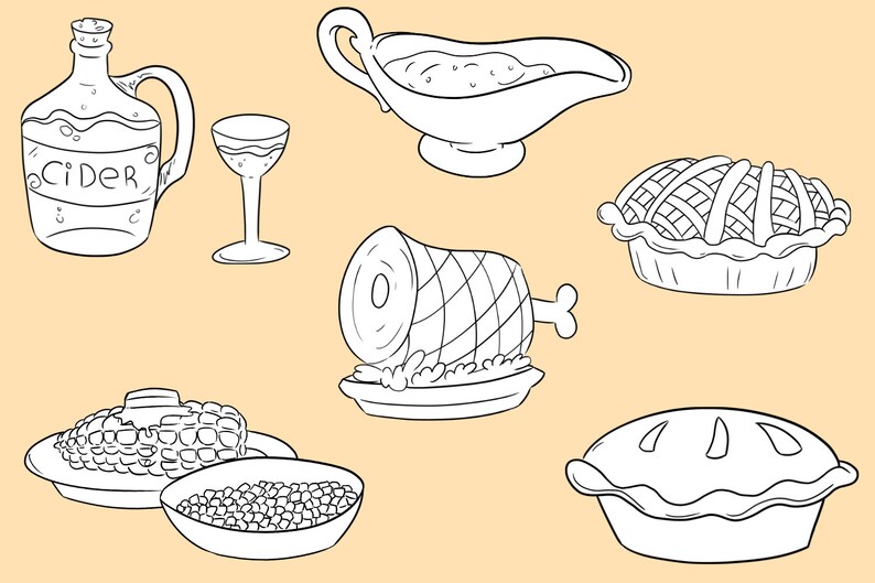 May include: A black and white line drawing illustration of a Thanksgiving dinner spread. The illustration includes a ham, two pies, a pitcher of cider, a glass of cider, a bowl of green beans, a bowl of corn, and a gravy boat.