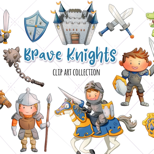 Brave Knights Clip Art Collection, Cute Fantasy Knights, Medieval Knights Clipart, Cute Dragon Graphics, Castle Clip Art