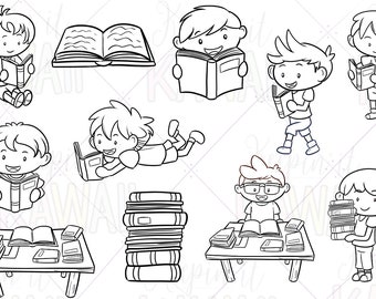 Reading Boys School Digital Stamps, Kawaii School Boys, Kids Reading, Clip Art For Teachers