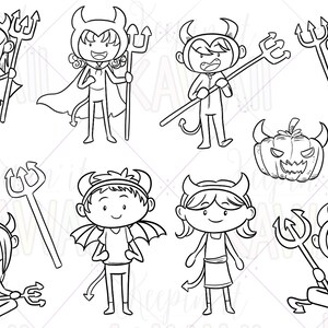 Słodkie małe diabły cyfrowe znaczki, kawaii halloweenowe diabły, słodkie potwory, clipart dla nauczycieli