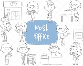 郵便局のクリップアート、郵便サービスのクリップアート、かわいい郵便局のグラフィック、かわいいコミュニティヘルパーの子供向けアート