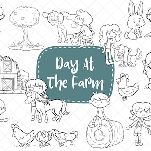 Clipart de um dia na fazenda, clipart de animais de fazenda fofos, clipart de crianças de animais de fazenda, arte de animais fofos