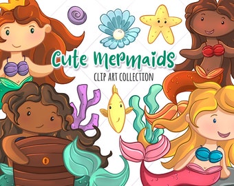 Mermaid Clipart, Mermaids Clip Art, Ocean Life Clipart, Startfish Illustrations, Sea Shells Clipart, Cute Mermaids, Kawaii Mermaid