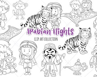 Pode incluir: Ilustrações em preto e branco de personagens e objetos das Mil e Uma Noites. As ilustrações incluem um gênio, uma lâmpada mágica, um tigre, um tapete mágico, um macaco e pessoas com roupas tradicionais.