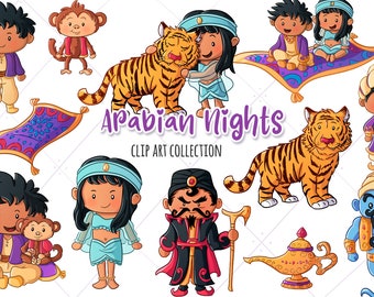 Pode incluir: Coleção de imagens clipart com personagens e objetos das Mil e Uma Noites.  Inclui um gênio, uma lâmpada mágica, um tigre, um macaco, um tapete mágico e pessoas com roupas tradicionais.