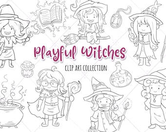 Playful Witches Clipart Collection, Cute Fantasy Witches Clip Art, Magic Cauldron Fantasy Graphics, Cute Witches, Magic Clipart