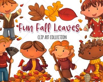Kids Playing in Fall Leaves Clip Art Collection, Falling Leaves, Fall Clipart, Cute Fall Clip Art, Cute Kids Playing in the Leaves