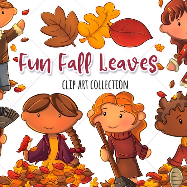 Kids Playing in Fall Leaves Clip Art Collection, Falling Leaves, Fall Clipart, Cute Fall Clip Art, Cute Kids Playing in the Leaves