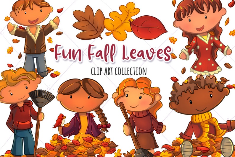 Puede incluir: Colecci&oacute;n de im&aacute;genes predise&ntilde;adas de ni&ntilde;os jugando en hojas de oto&ntilde;o. La ilustraci&oacute;n presenta cinco ni&ntilde;os con diferentes tonos de piel y colores de cabello, vistiendo ropa de oto&ntilde;o. Los ni&ntilde;os est&aacute;n rodeados de hojas coloridas en tonos rojos, naranjas, amarillos y marrones. El texto "Fun Fall Leaves" est&aacute; escrito en una fuente divertida sobre los ni&ntilde;os.