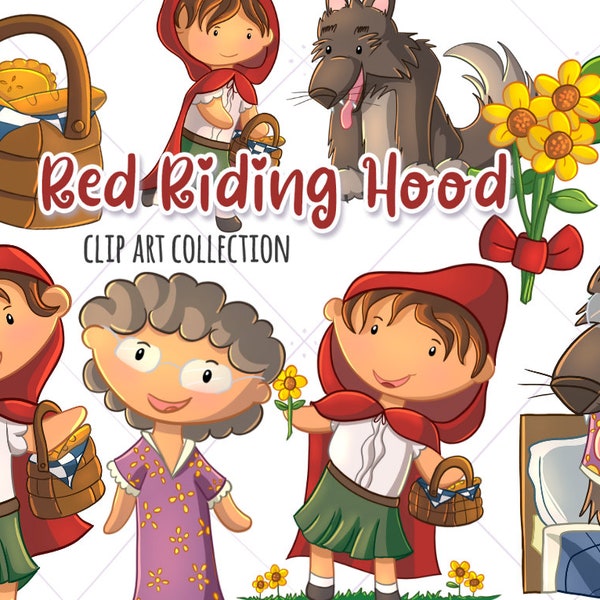 Cute Little Red Riding Hood Clip Art, Big Bad Wolf Clipart, Going to Grandma's House, Sunflower Clipart, Cute Kids Clip Art