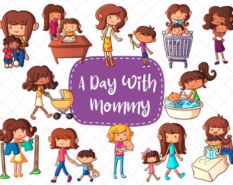 A Day With Mommy Clipart, Cute Family Clipart, Kawaii Family, Taking Care of Kids Clip Art