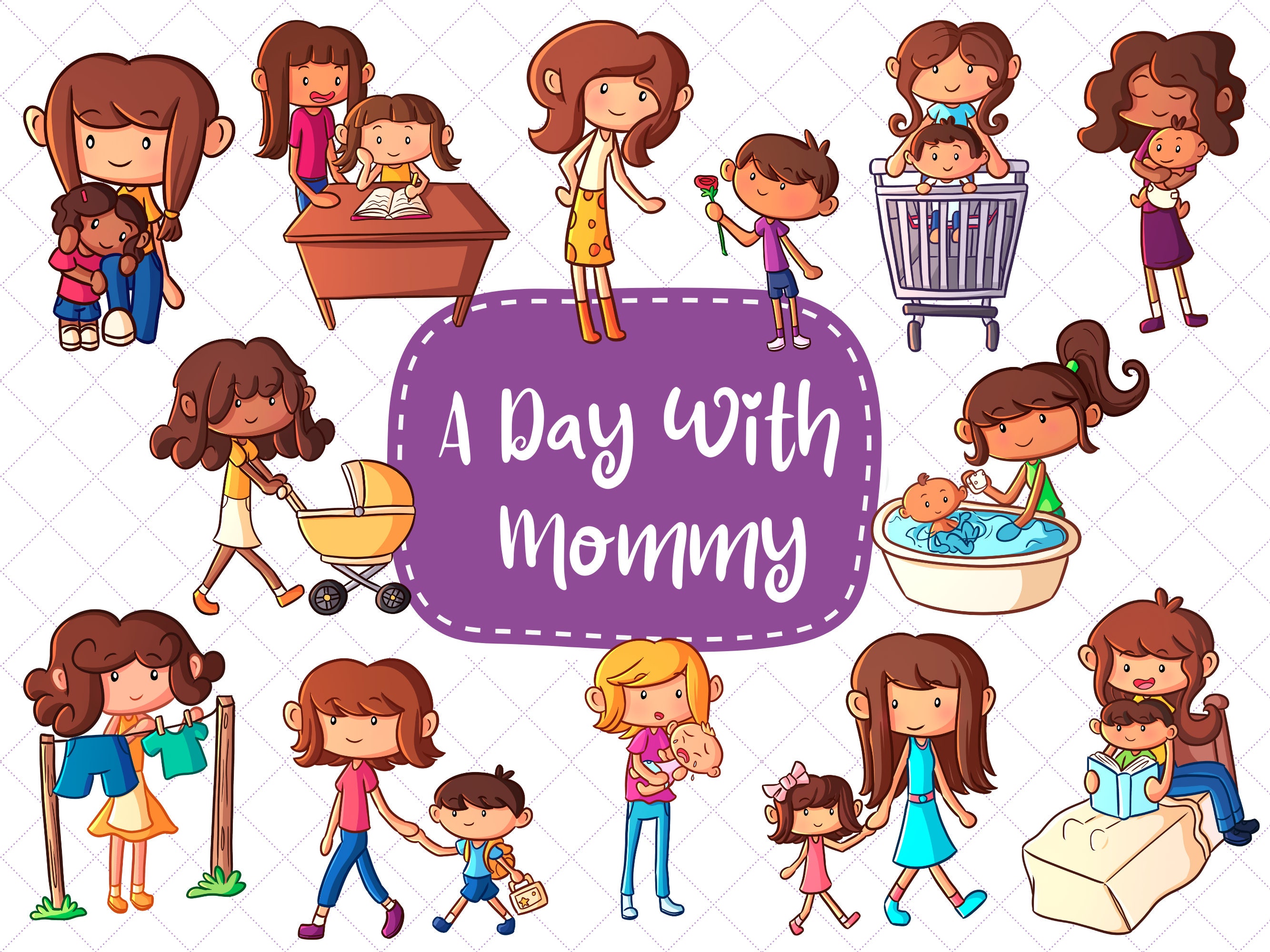 A Day With Mommy Clipart, Cute Family Clipart, Kawaii Family, Taking ...