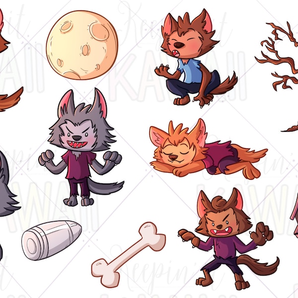 Cute Werewolf Boys Clip Art, Kawaii Halloween Werewolf, Cute Monsters, Clip Art For Teachers