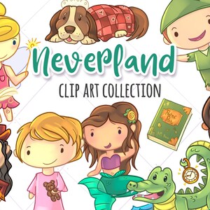 May include: A set of colorful clip art illustrations featuring characters from the story Peter Pan. The characters include Peter Pan, Tinkerbell, Captain Hook, Wendy, and the Lost Boys. The illustrations are perfect for creating invitations, cards, and other crafts.