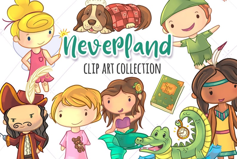 May include: A set of colorful clip art illustrations featuring characters from the story Peter Pan. The characters include Peter Pan, Tinkerbell, Captain Hook, Wendy, and the Lost Boys. The illustrations are perfect for creating invitations, cards, and other crafts.