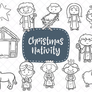 May include: Black and white line art illustration of a Christmas nativity scene. The illustration includes a manger, a star, a donkey, a sheep, Joseph, Mary, baby Jesus, an angel, and the three wise men.