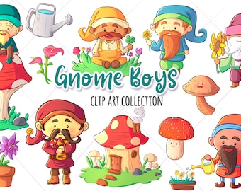 Spring Gnome Boys Clipart, Cute Garden Gnome Clip Art, Kawaii Gnomes, Cute Flowers