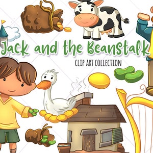 May include: A colorful illustration featuring elements from the fairy tale "Jack and the Beanstalk." The image includes a castle, a boy, a cow, a giant, a goose, a house, a harp, and the text "Jack and the Beanstalk CLIP ART COLLECTION."