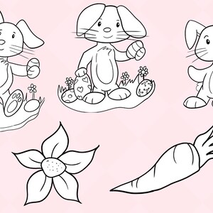 May include: Black and white line art illustration of three Easter bunnies. One bunny is holding a basket of eggs, another is holding an egg, and the third is holding a large egg. There is also a black and white line art illustration of a flower and a carrot.