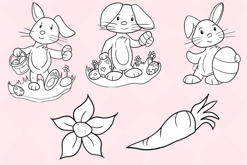 May include: Black and white line art illustration of three Easter bunnies. One bunny is holding a basket of eggs, another is holding an egg, and the third is holding a large egg. There is also a black and white line art illustration of a flower and a carrot.