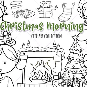 Christmas Morning Digital Stamp Collection, Süße Weihnachten Clip art, Weihnachtsbaum, Weihnachts illustrationen, Weihnachtsstrumpf