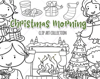 Christmas Morning Digital Stamp Collection, Cute Christmas Clip art, Christmas Tree, Christmas Illustrations, Christmas Stocking