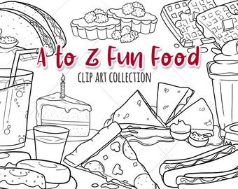 A to Z Junk Food Digital Stamps - Fun Food Stamps - Junk Food Black and White Clipart - Cupcake Stamps - Donuts - Cakes