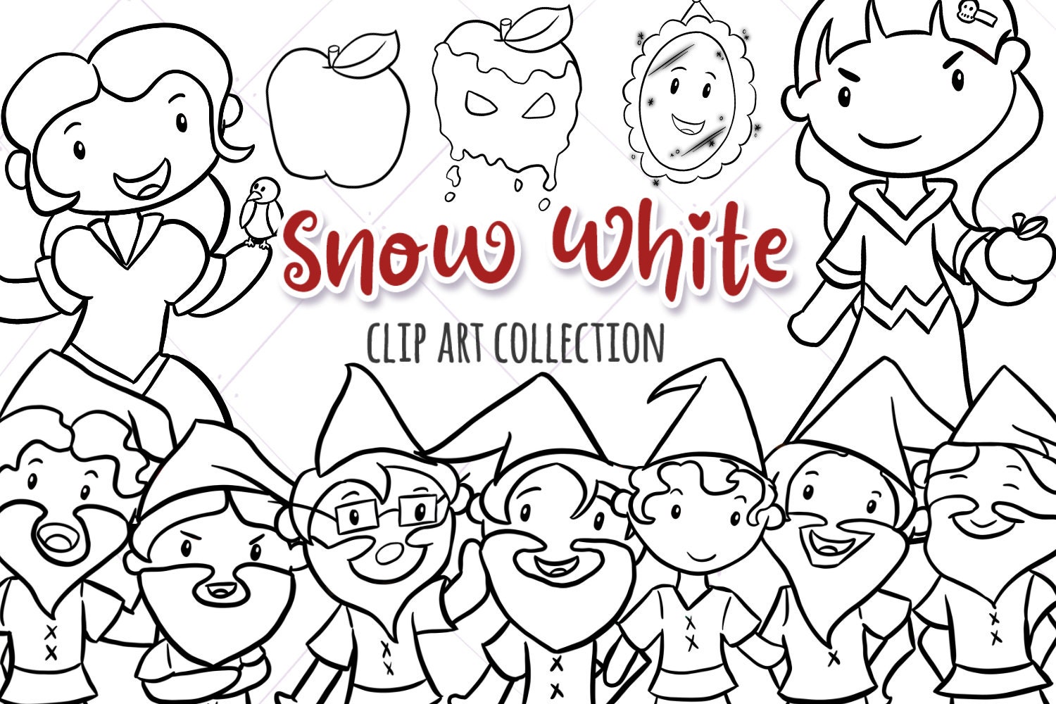 Cute Snow White Black And White Clip Art Snow White Coloring Etsy