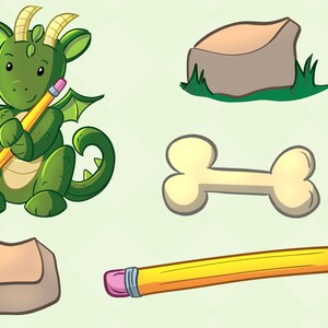 May include: A green cartoon dragon holding a yellow pencil with a pink eraser. There are two brown rocks, a yellow bone, and a yellow pencil on a light green background.