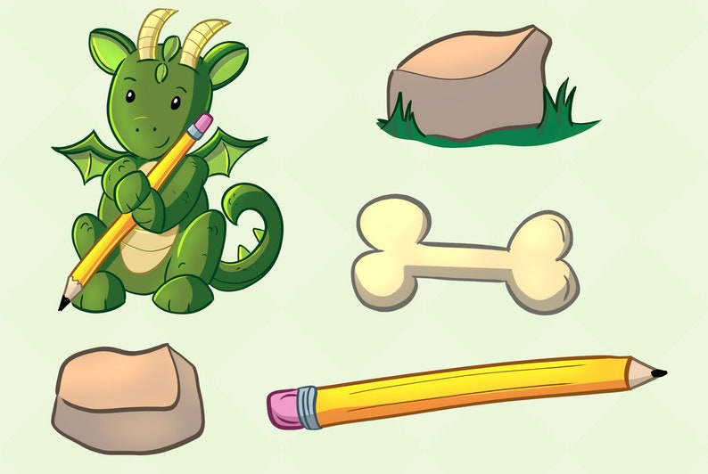 May include: A green cartoon dragon holding a yellow pencil with a pink eraser. There are two brown rocks, a yellow bone, and a yellow pencil on a light green background.