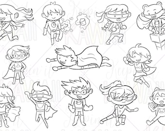 Cute Super Hero Kids Digital Stamps, Kawaii Superhero, Hero Kids Clipart, School Kids Clip Art
