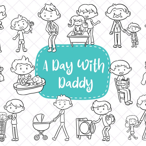 A Day With Daddy Clipart, Cute Family Clipart, Kawaii Family, Taking Care of Kids Clip Art