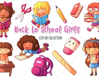 Clipart fofo de volta às aulas para meninas, gráficos de meninos de escola, clipart escolar para professores