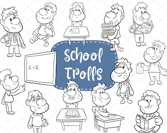 Back to School Kids Clipart, Cute Trolls School Clipart, Kawaii School Clip Art, Cute Back To School